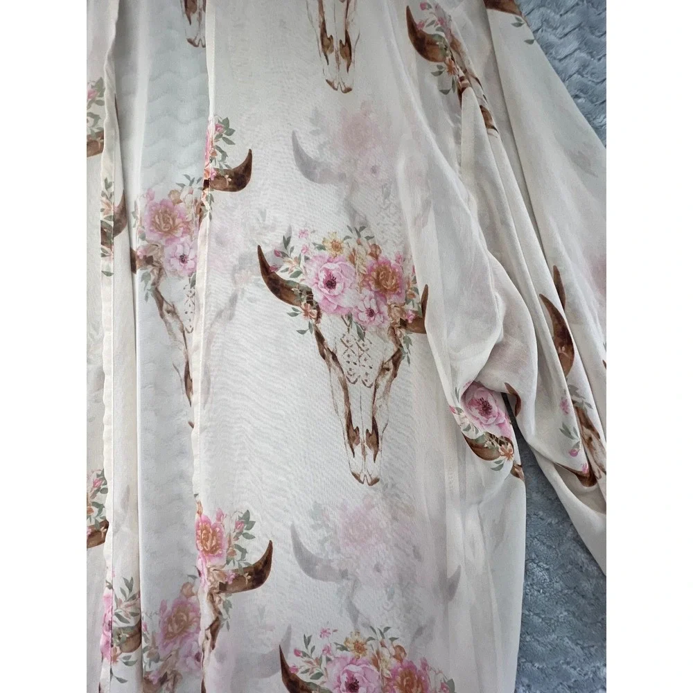Pink Owl Kimono Duster Cardigan Floral Bull Skull‎ Bohemian Festival Cover Up